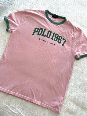 Polo - Ralph Lauren - Mens Pink & Green T-Shirt - Size Medium